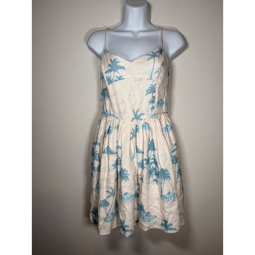 GIANNI BINI x DANNIJO Kona Peplum Dress 8 Blue Cream Tropical Palm Mini NWT